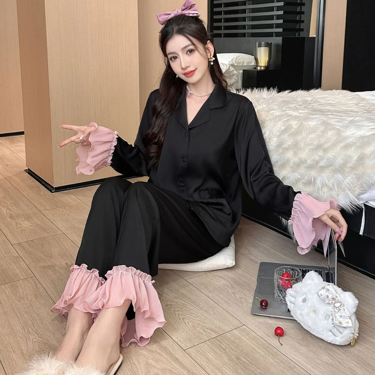 2 PCS Women's Long-Sleeved Silk Pajamas Set Solid Color Sleepwear Cool Home Clothes Suit Comfortable Summer Nightgown