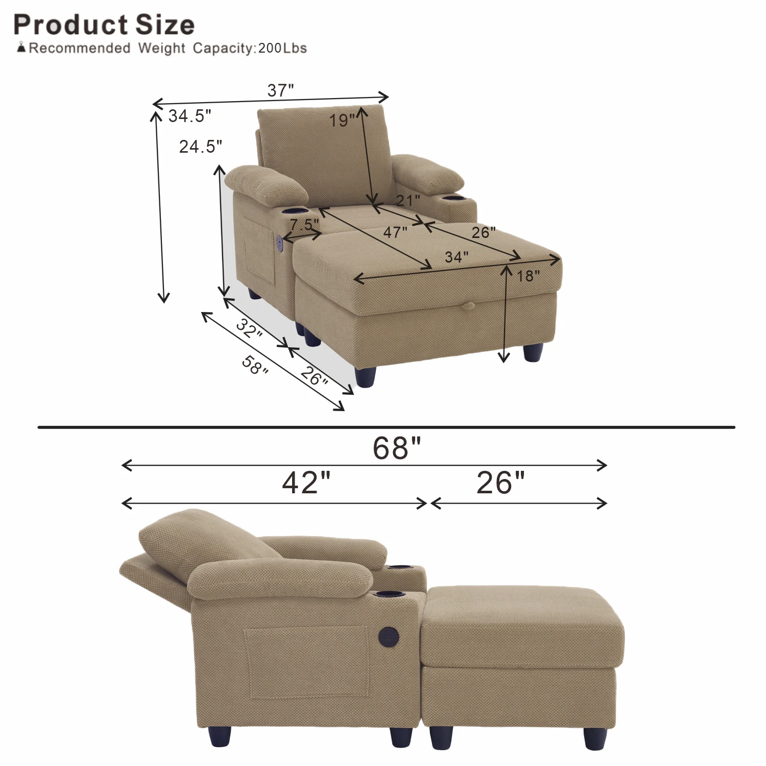 58-Inch Single-Person Casual Sofa With Storage Footstool Featuring A Reclining Backrest Cup Holder And USB Interface Suitable For Bedrooms Living Rooms And Apartments