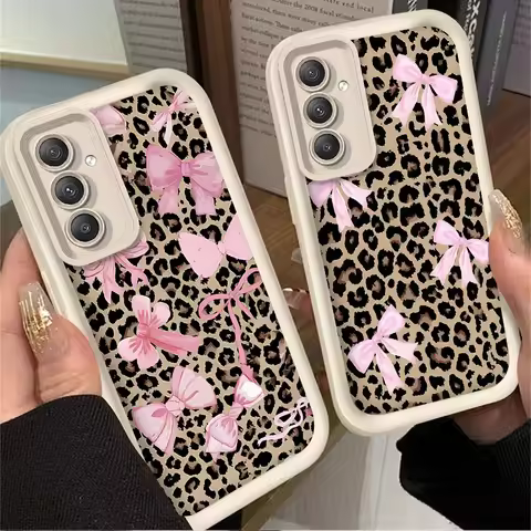 Case For Samsung Galaxy S24 S23 S25 Ultra S22 S21 Plus FE A56 A36 A26 A16 A06 A15 A25 A35 A55 5G Pink Bow Leopard Print Cover