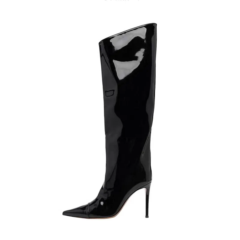 

Arden Furtado 2024 Black Patent Leather Stilettos Knee high boots Pointed toe Patchwork Side zipper Super high heel Modern boots