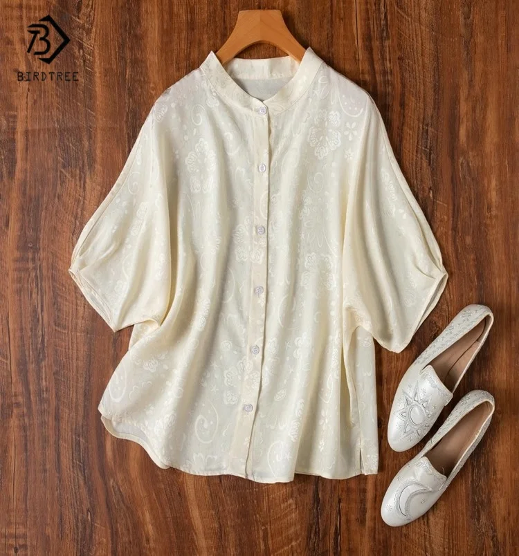 

Birdtree Summer 18MM 100% Silk Tshirts,Women Jacquard Stand Collar Loose Dolman Sleeve Tshirts,New 2025 D55753JF