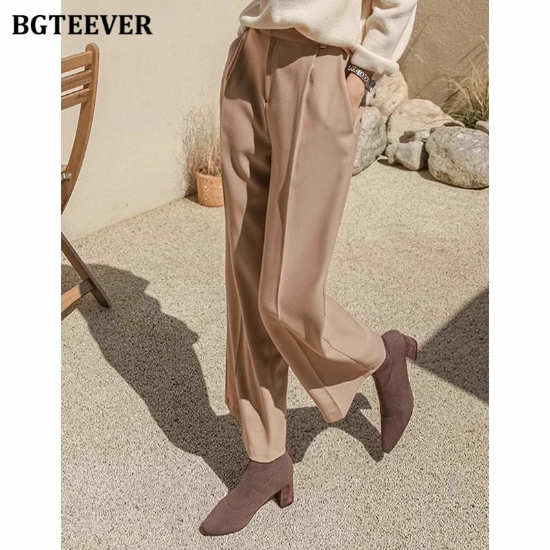 BGTEEVER Autumn High Waist Ladies Wide Leg Trousers Vintage Loose Pockets Straight Women Pants