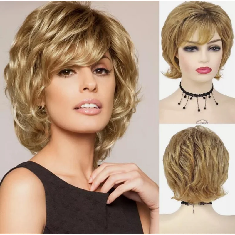 

Женский блондин, полный парик, короткие вьющиеся парики, женские натуральные волнистые синтетические волосы, косплей