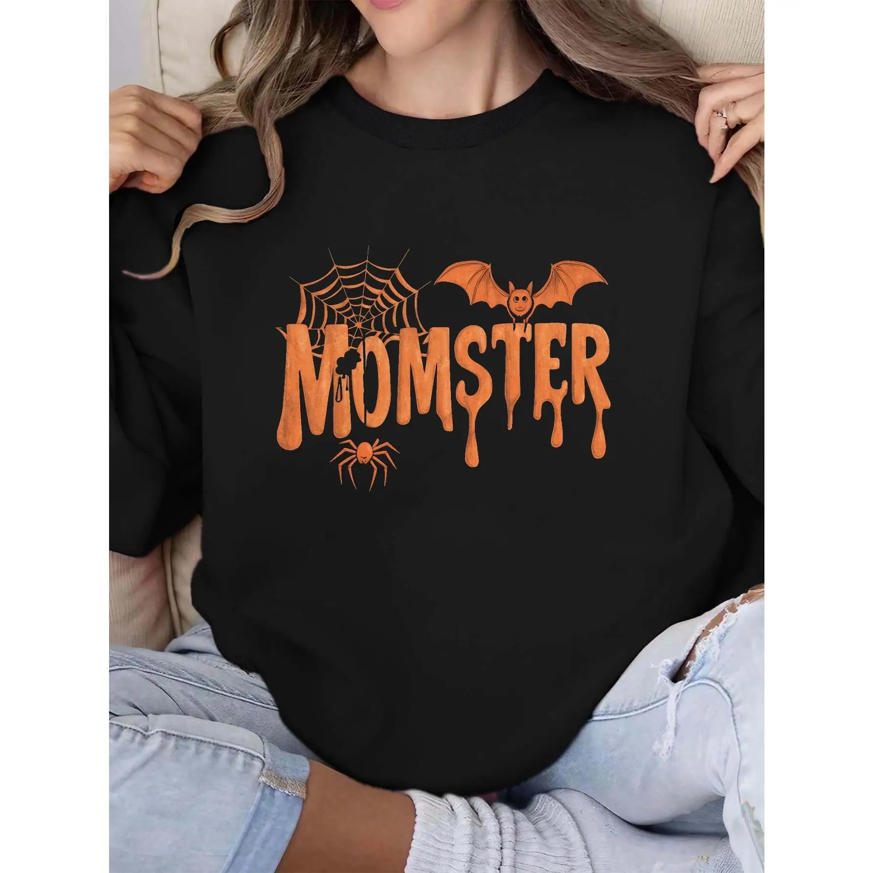 

MOMSTER Halloween Sweatshirt, Funny Mom Life Jumper, Spooky Monster Graphic Crewneck, Mother's Day Gift for Her