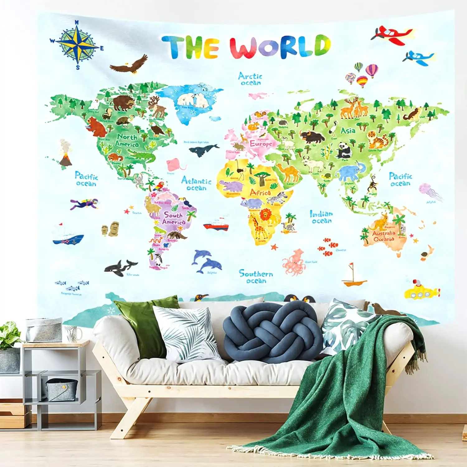 Kids World Map Wall Tapestry Educational Geography Art Children Room Decor Cartoon Animals Kids Learning Hanging