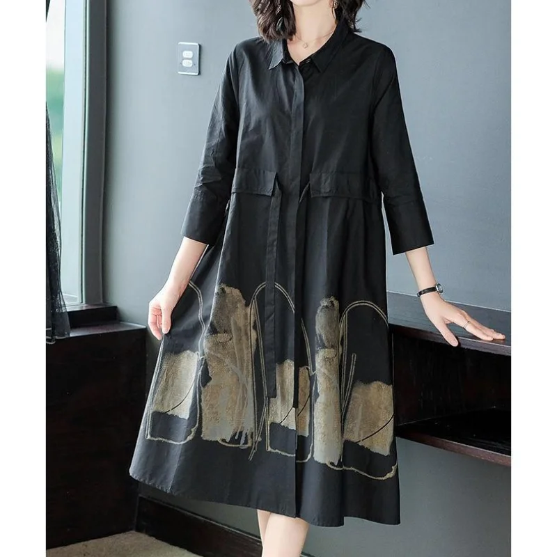 2023 Summer New Drawstring Temperament Casual Simple 3/4 Sleeve Versatile Mid Length Fashion Trendy Women's Clothing Dresses