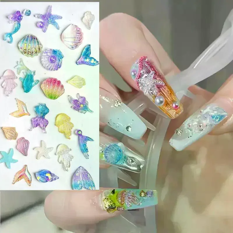 3D Conch Shell Nail Charms Colorful Jellyfish Ocean Resin Translucent DIY Nail Art Decorations 50PCS