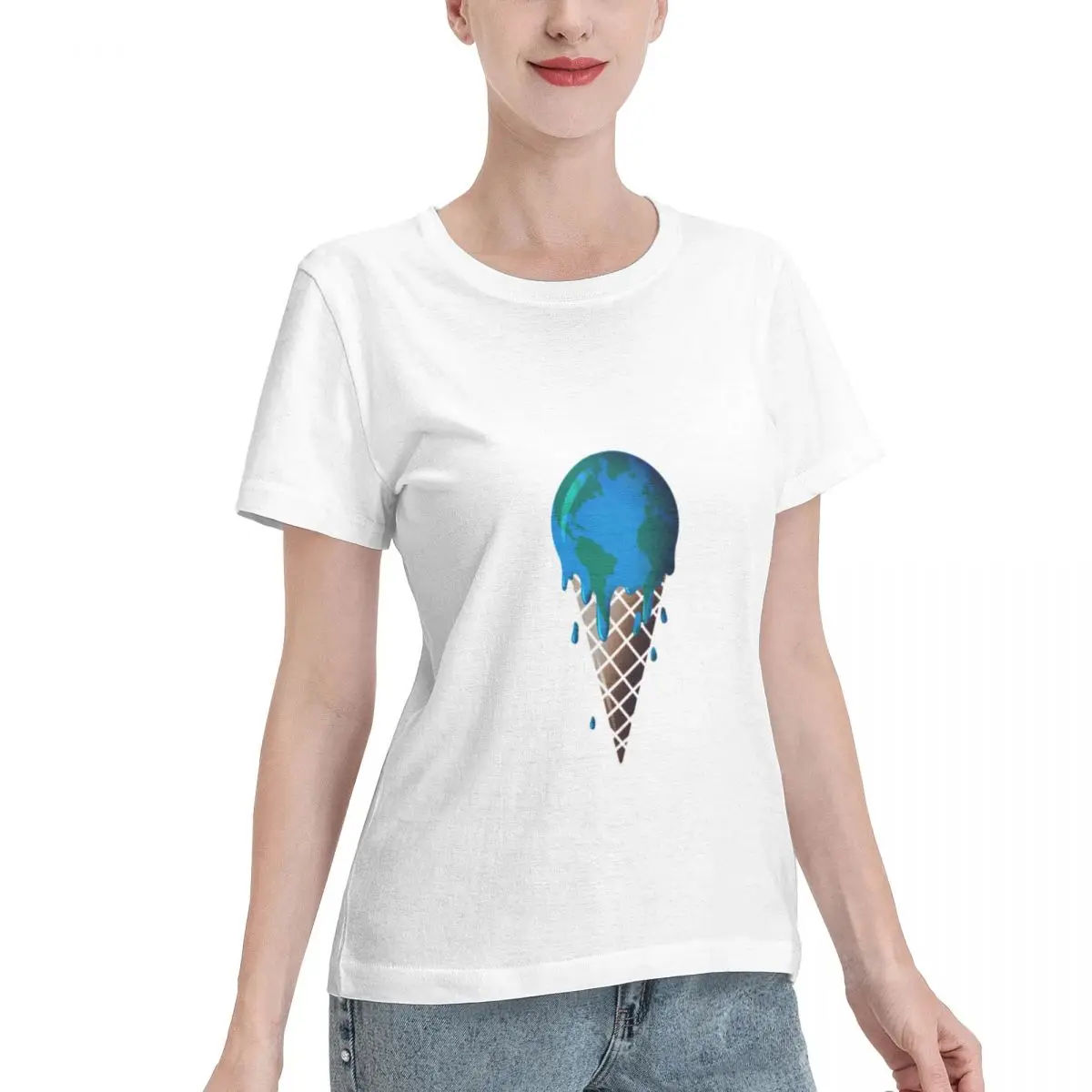 Soft Comfy Global Warming Melting Earth In Ice Cream Cone Women's T-shirt Luxury Plain Cotton Top