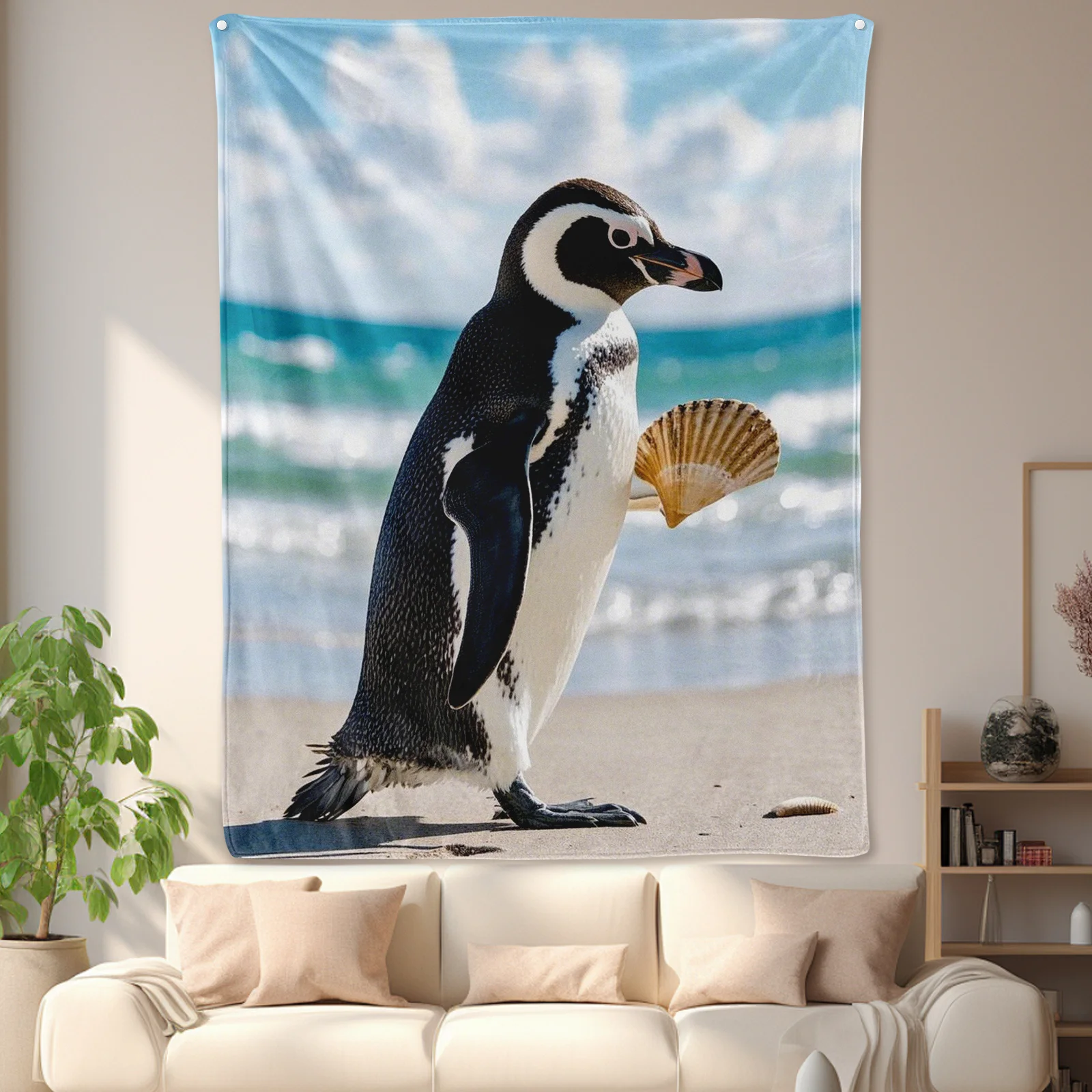 Penguin Design With Seashells Ocean Waves And Blue Sky Theme Cozy Blanket For Coastal Home Decor And Relaxing Comfort