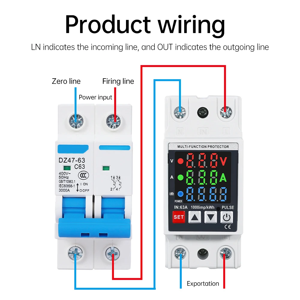 35mm 63A Din Rail Adjustable Over Voltage And Under Voltage Protective Device Protector Relay Over Current Protection Limit