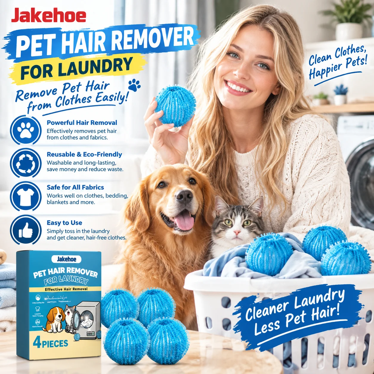 Jakehoe Pet Hair Remover for Laundry Reusable Cat Dog Lint Pet Hair Removal Tool Washing Machine Hair Catcher Balls for Pet Home