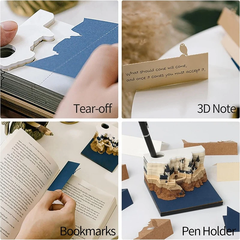 2024 blok Notepad Square Castle LED 3D catatan tempel buku tempel dengan kalender 2 buah