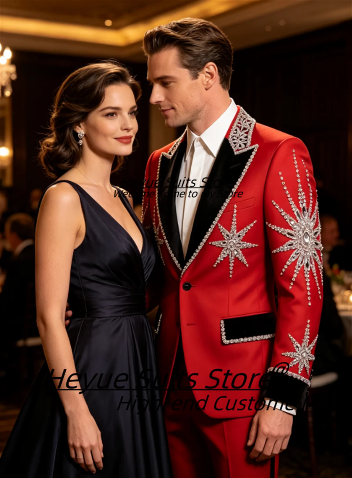 Gorgeous Star Rhinestone Groom Wedding Tuxedos Customized Red Slim Fit Peak Lapel Men Suits 2 Pieces Sets Elegnat Costume Homme