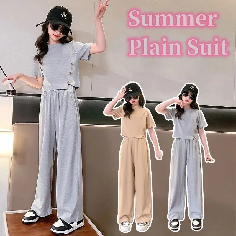 

Summer Casual Girls Cotton Plain Crop t-Shirt Tops+Loose Straight Pant Sets School Kids 2PCS Tracksuit Children Outfit 5-16 Yr