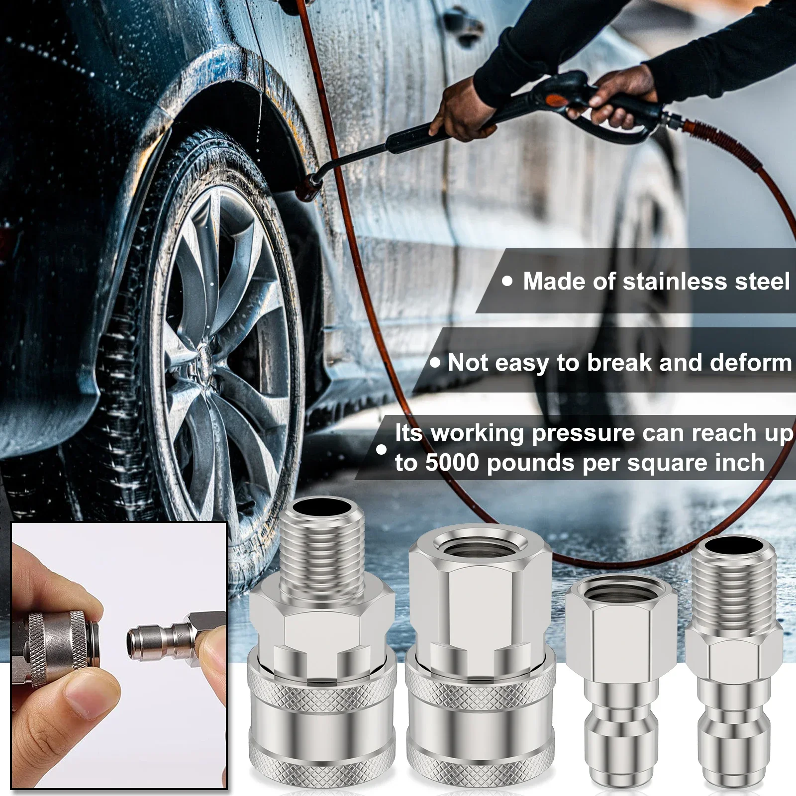 4Pcs Pressure Washer Adapter 5000PSI Stainless Steel Male and Female 1/4 High Pressure Washer Quick Connector Fittings Washer