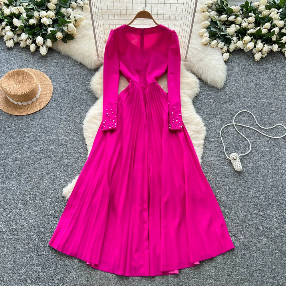 Chic vintage scollo a V strass increspato perline sottile elegante fata moda coreana Boho vestito estivo abbigliamento donna Abito lungo