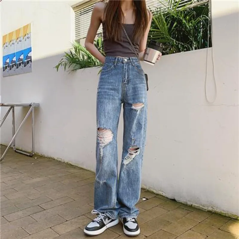 Open Crotch Outdoor Sex Summer Ins Retro Ripped Jeans High Waist Boyfriend Jeans Women Baggy Wide Leg Denim Trousers Streetwear