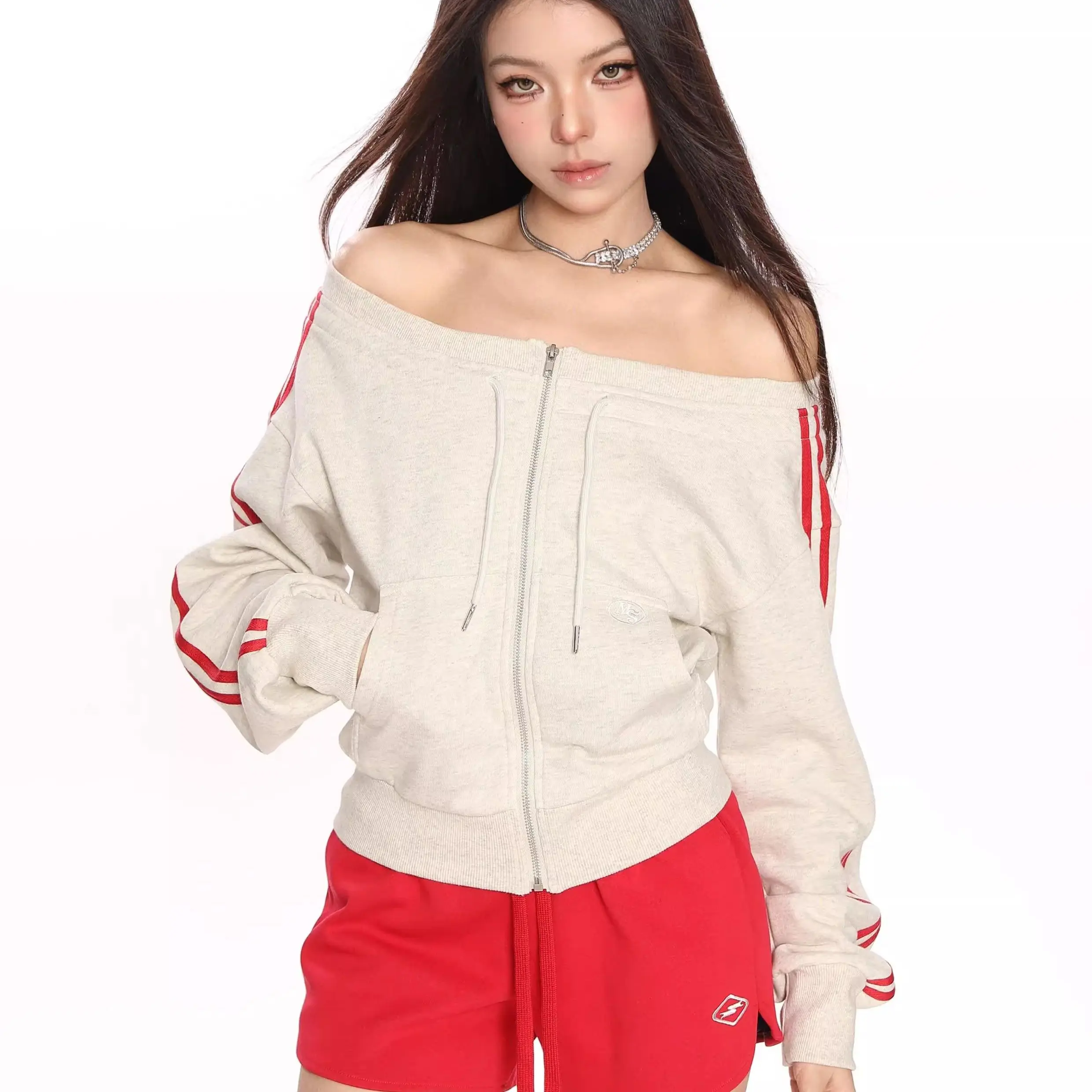 

Американский винтажный приталенный свитшот с открытыми плечами и длинными рукавами для женщин, осенний кардиган на молнии для девочек, куртка