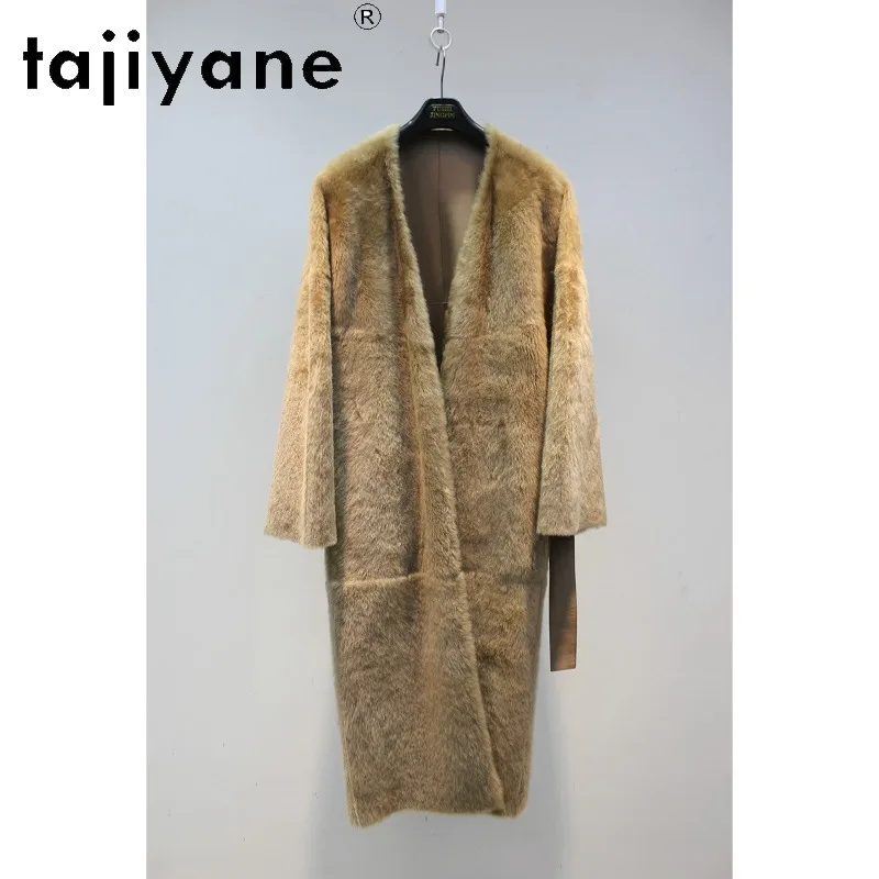 TAJIYANE Baby Lacon Lamb Shearling Real Fur Coat Women V-neck Overcoat Bath‑robe Style Fur Jacket Mid Length Outerwear Шуба 2026