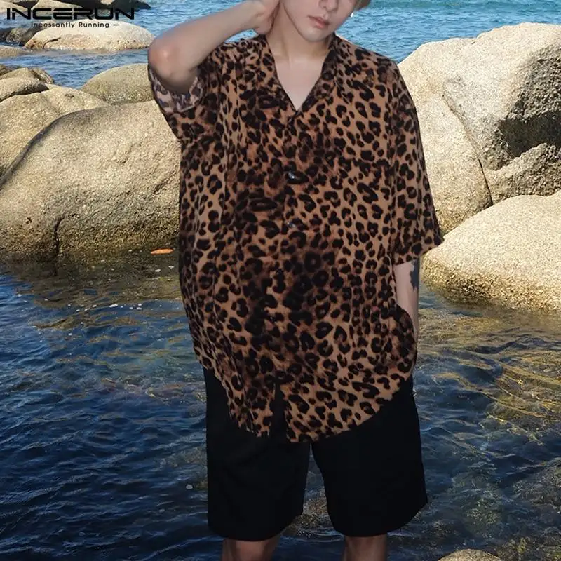 

INCERUN Men Shirt Leopard Printing Lapel Short Sleeve Casual Men Clothing Summer Streetwear 2024 Fashion Leisure Shirts S-5XL