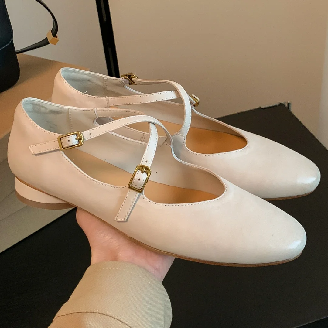 

Women's genuine leather narrow band cross strap round toe ballet flats high quality soft comfortable elegant ladies daily shoes