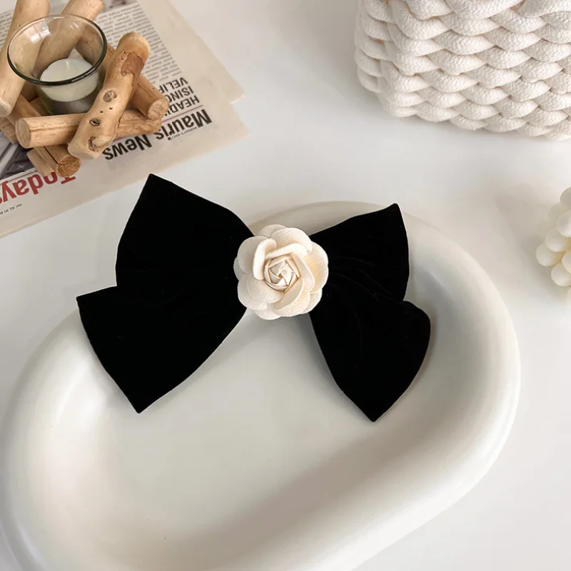 Elegant Black Velvet Hair Bows Clips White Flower Back Head Bowknot Hairpin Party Barrette Grip Headwear Korean Hair Accessories