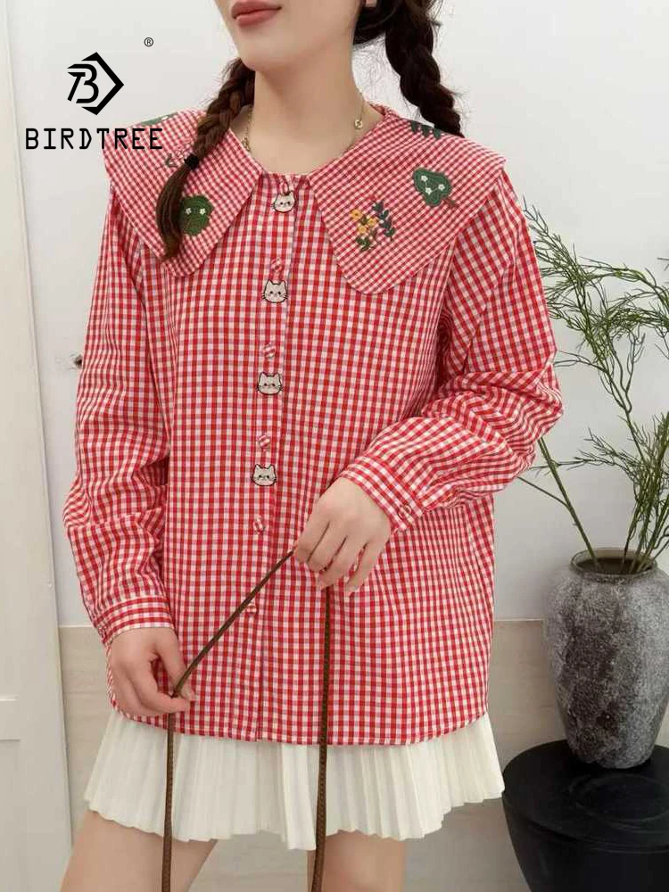 

New 2025 Winter Cotton Long Sleeve Shirt, Women Turn-down Collar Embroidery Plaid, Mori Girl Christmas Loose Blouse T5D147CC