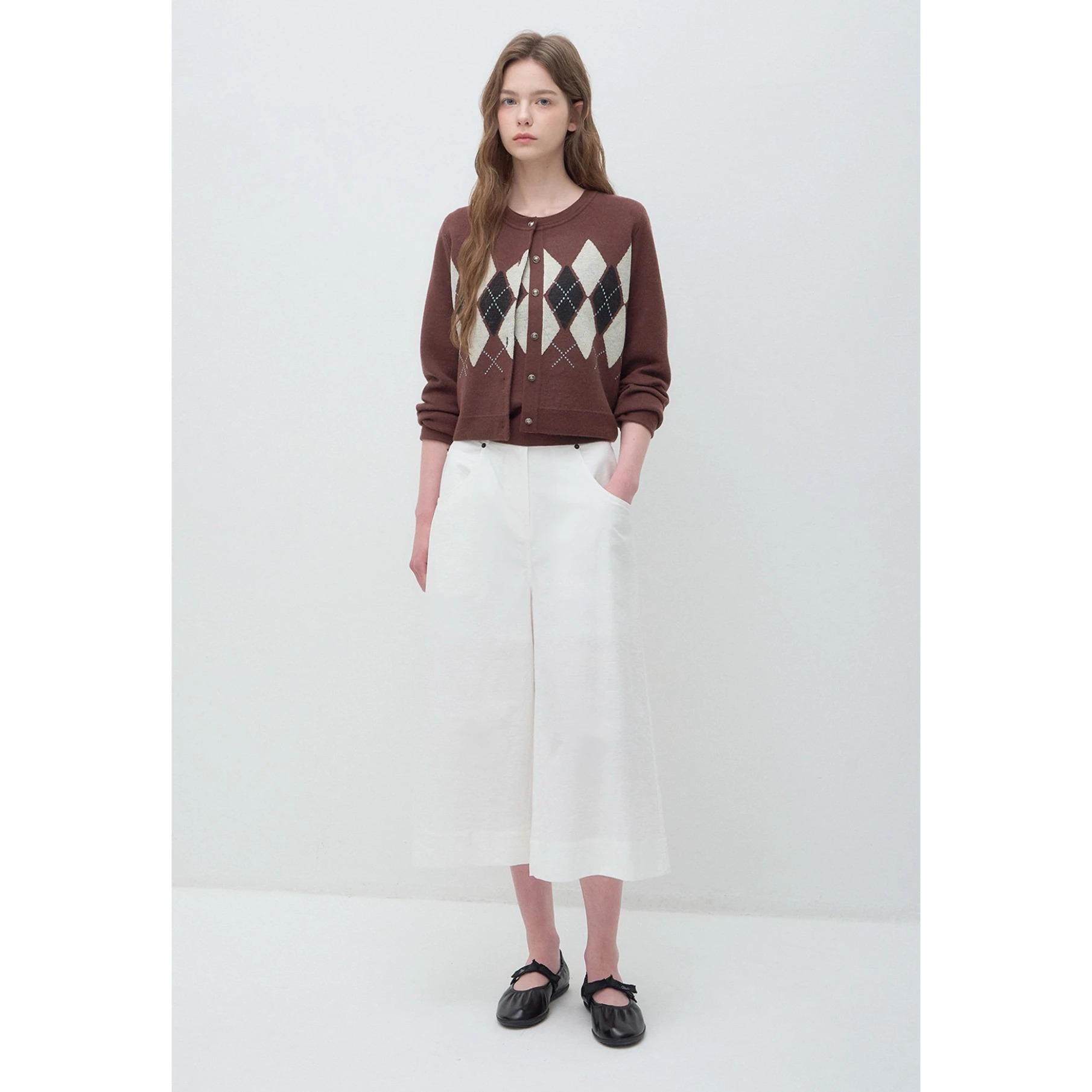 Lemon Cheese Knitted round Neck Open Cardigan Vest Autumn Fashion Anti-Aging Diamond Pattern Versatile Women's Long Sleeve Top