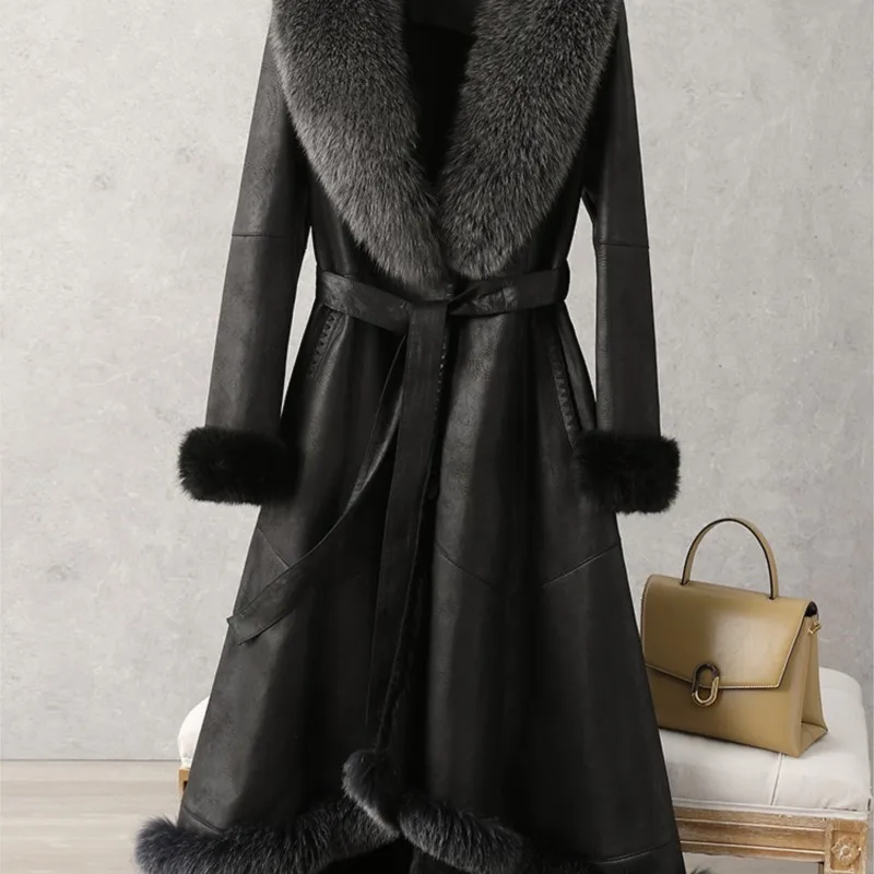 Haining imitation fur coat one women's mid-length over the knee hair collar slim-fit belt