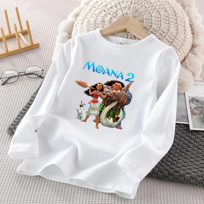 Disney Moana 2 Kids Long Sleeve T-Shirt Girls Anime Cartoon Print Pullover Winter Casual Warm Tops Children's Birthday Gifts New