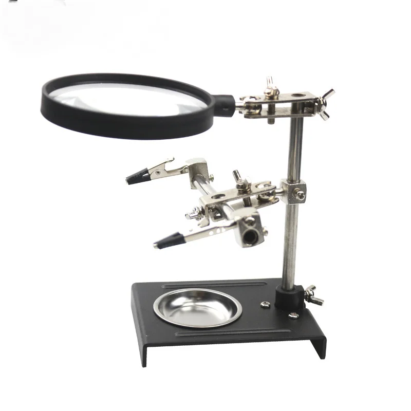 Iron Frame Bracket Maintenance Circuit Board Magnifying Glass, 3 Hand Welded 90Mm Lens, 6X Magnification