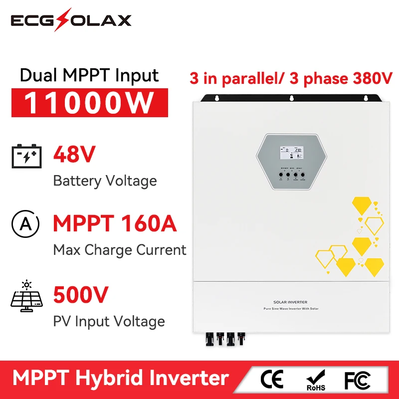 ECGSOLAX 11000W Solar Hybrid Inverter 220Vac 48V With Dual MPPT 160A Charge Controller MPPT Hybrid Solar Inverter Parallel BMS