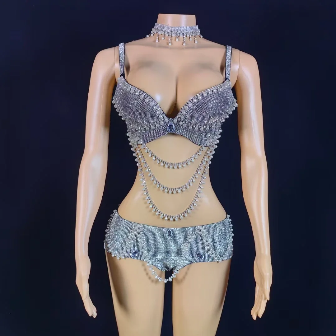 Sexy Tassel Rhinestones Party Bikini Sets Women Nightclub Prom Celebration Stage Bra Sets Pole Dance Outfits Performance Costume