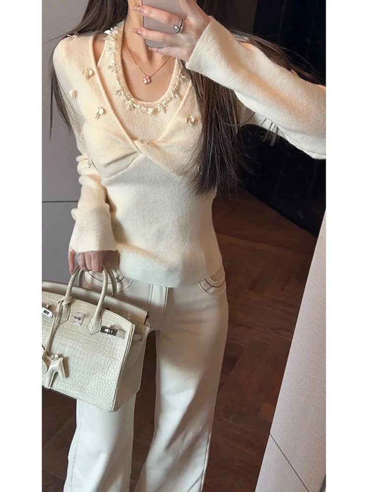 

Ele Heavy-Du Beaded Knitwear Women's Wool Blend Casual Sle Long Sve Ne Hanging Glowing Sequin Top by Youlu