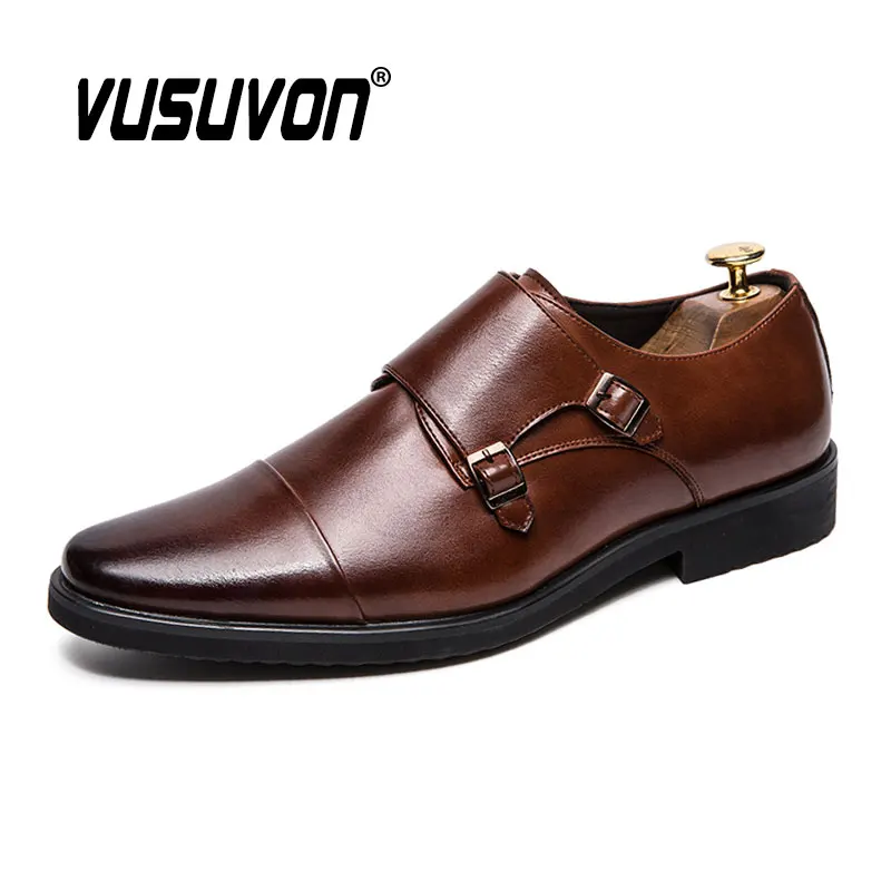 Men's Dress Flats Formal Monk Shoes Oxford For Men Wedding Brand Cow Leather Double Buckle Loafers Big Size 38-48