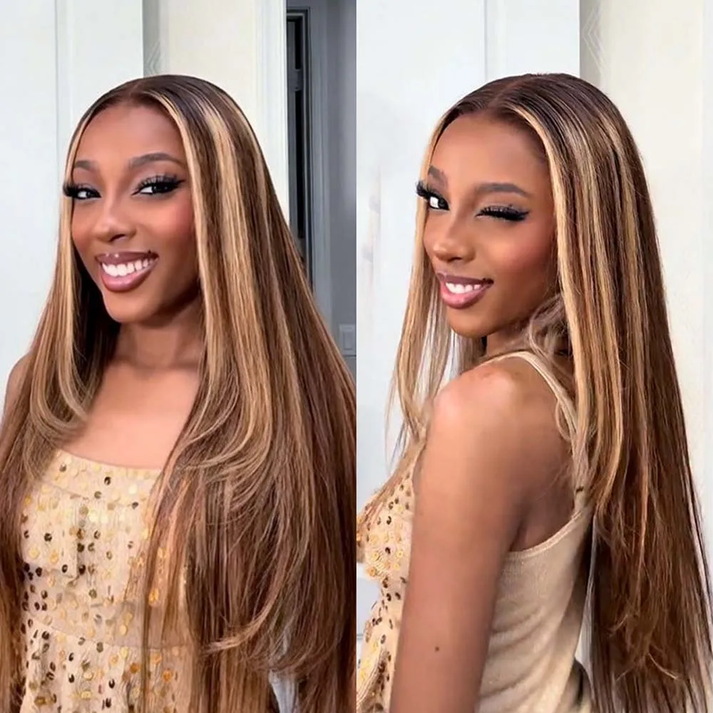 

30 40 46 Inch Straight Ombre Colored 13x4 HD Lace Front Wig P4/27 Highlight Human Hair Lace Frontal Wig For Women 200 Density