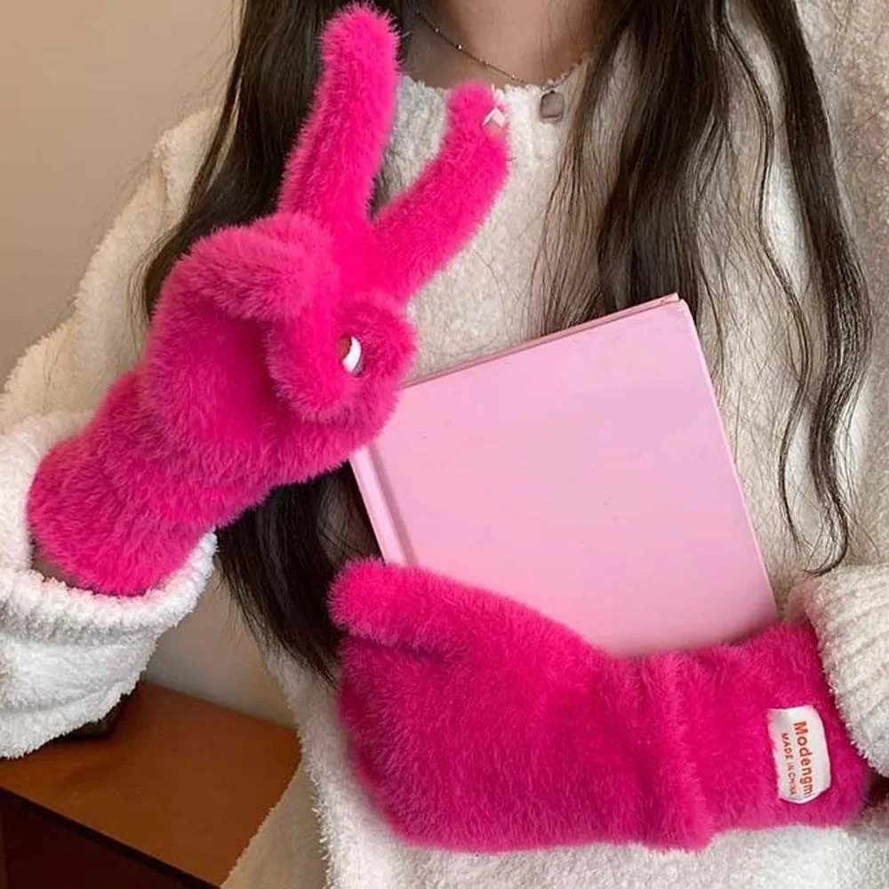 Fashion Y2K Soft Finger Gloves Faux Rabbit Hair Windproof Candy Color Gloves Touch Screen Thickened Anti-cold Mittens Outdoor