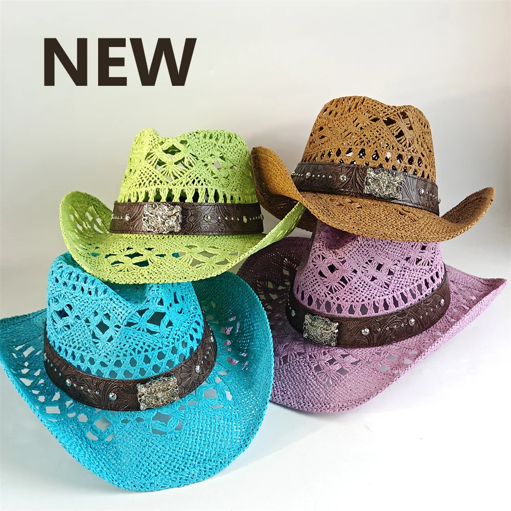Summer Hard Paper Straw Cowboy Hat Women Men Hollow Out Western Cowgirl Hat Breathable Wide Brim Sun Hat with Elastic Sweatband
