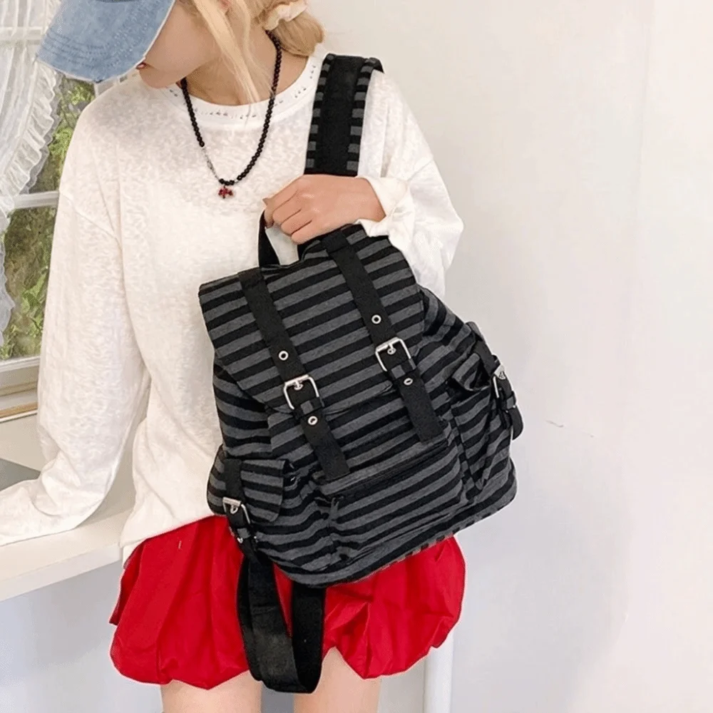 Retro Large Capacity Striped Backpack Y2K Korean Style Students Schoolbag Nylon Multi-pocket Hiking Camping Bag Girl