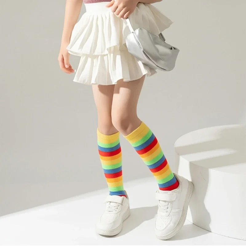 Stripped Teen Kids Girls Knee High Socks Girls Christmas Cosplay Party Socks  Spring Autumn Children's Long Stockings Rainbow