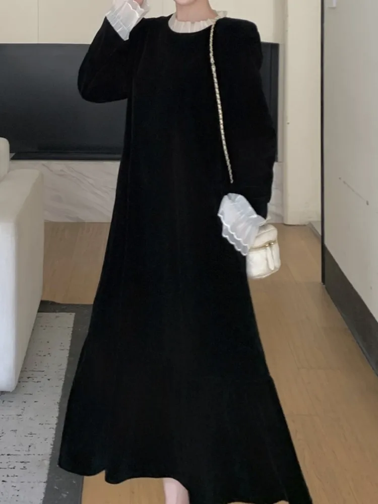 فستان نسائي كوري جديد لخريف وشتاء من فيستدوس رداء Elbise فضفاض مقاس كبير مكون من قطعتين فساتين مخملية طويلة للسيدات
