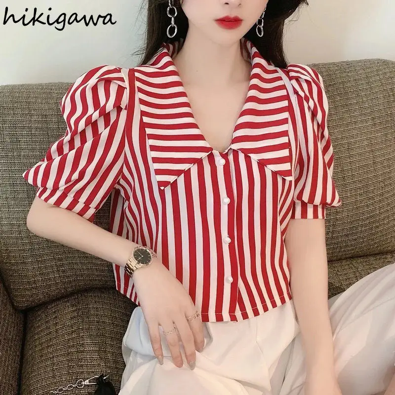 Fashion Striped Blusas Women Shirts Vintage Puff Sleeve Blouses Woman Casual Clothes Korean Tunic Tops 2023 Blusas Mujer De Moda