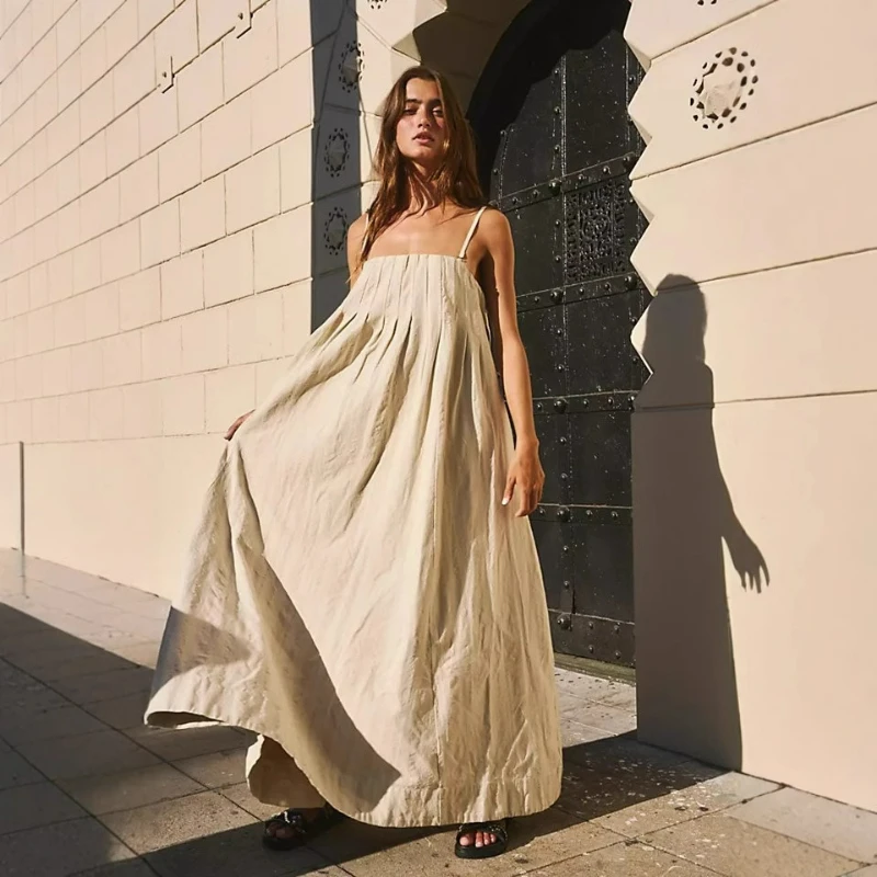 

2026 Summer New Style Fashionable Cross-border Women's Clothing Casual Loose Patchwork Cotton Off-the-shoulder Halter Long Dress