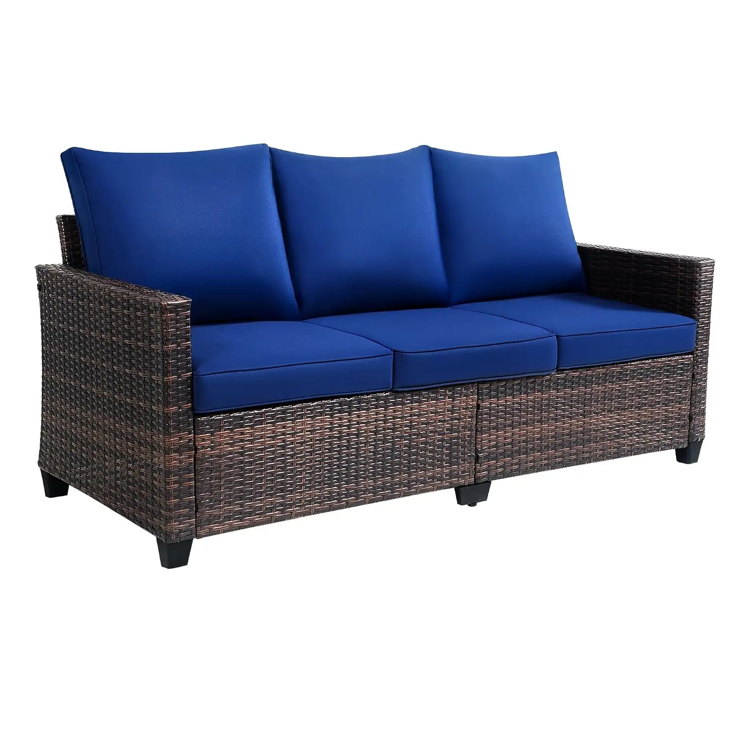 3-Seat PE Rattan Outdoor Sofa, Deep Seat Thick Cushions, All-Weather Patio Garden Deck Furniture, Blue, Customized