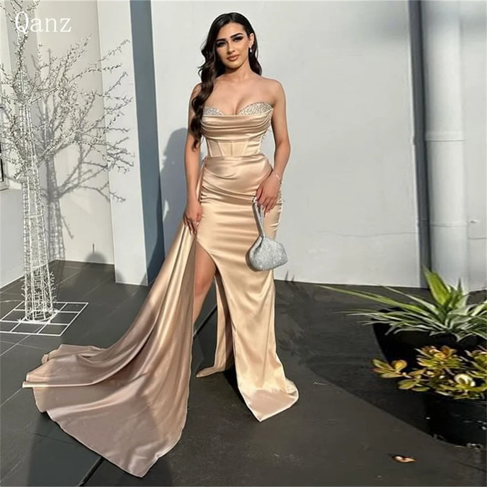 

Qanz Champagne Modern Evening Dresses Sparkle Mermaid Slit Dress Women Elegant Party Satin Floor Length Dubai Pron Dress Women