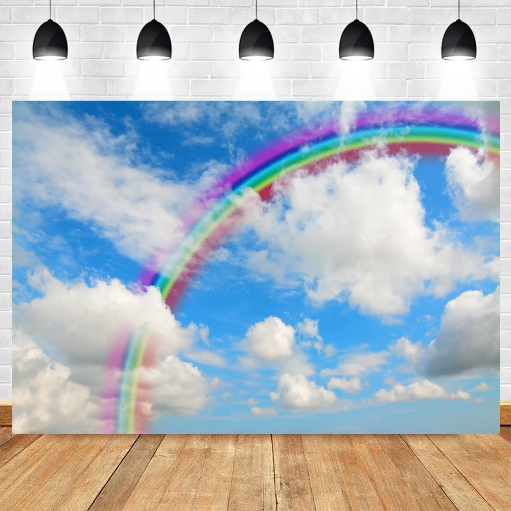 Blue Sky Cloudy Backdrop for Photography White Cloud Rainbow Twinkle Star Baby Birthday Newborn Portrait Photo Background Studio