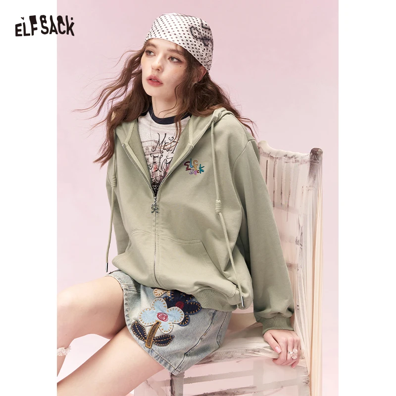 ELFSACK Sweet Casual Drawstring Hooded Short Jacket with Embroidered Detail, Soft Loose Fit Knit Hoodie Outerwear for Women