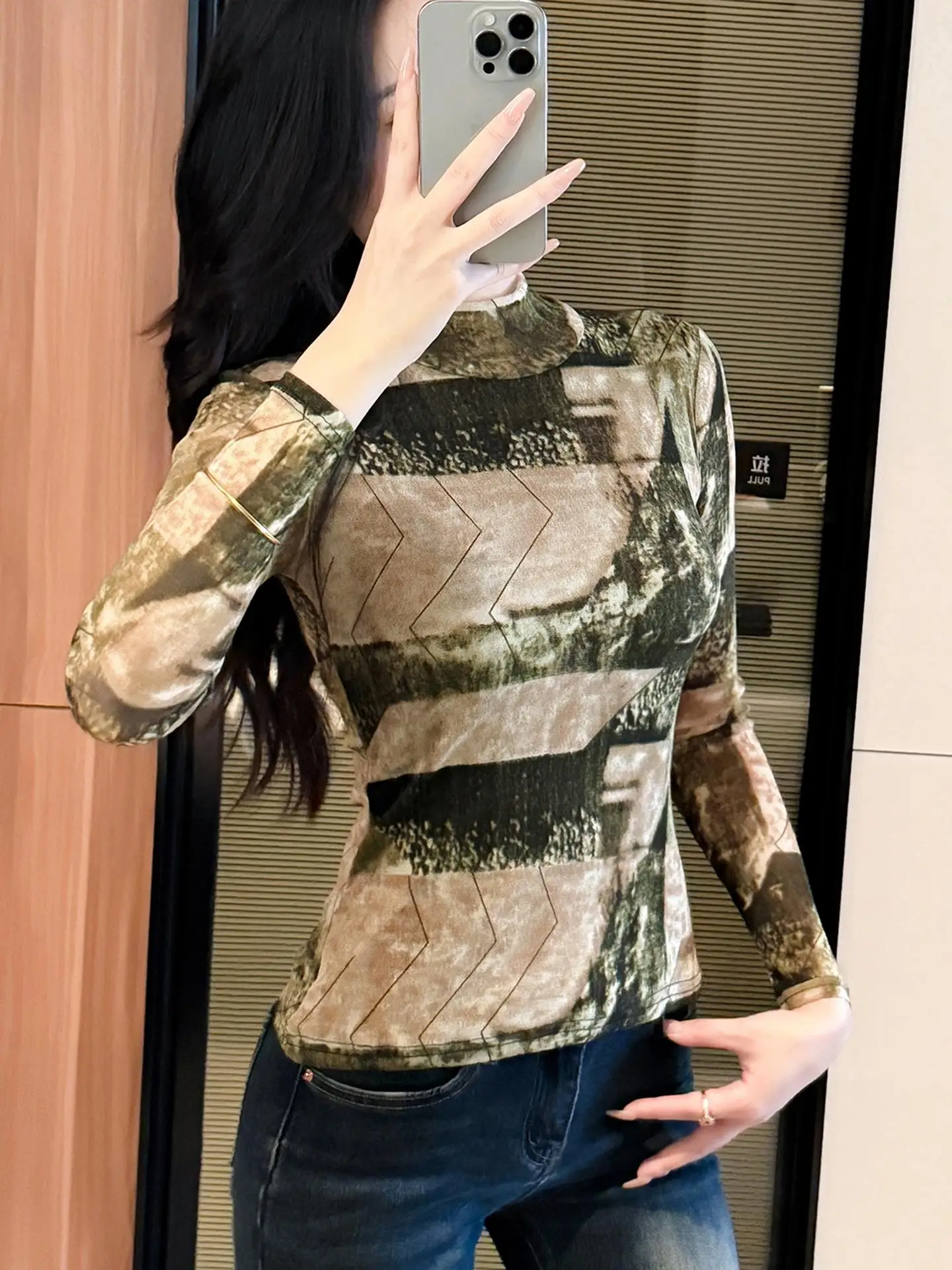 Street Sle Tie Dye Print Me Base irt Damen Slim Fit Long Sve T-Shirt f Hoher Kragen Innenbekleidung Geometrisches Muster