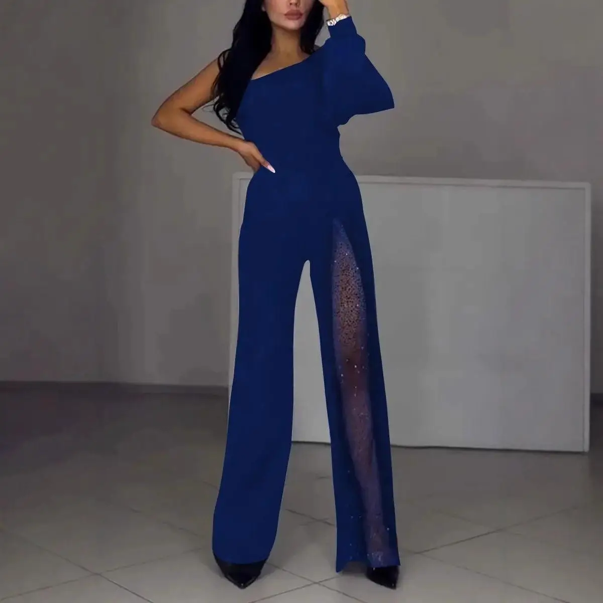 

Sexy Asymmetrical Shoulder Split Women's Onesie 2024 Winter Fashion Long Pants Polyester Fabric mid Waist Design