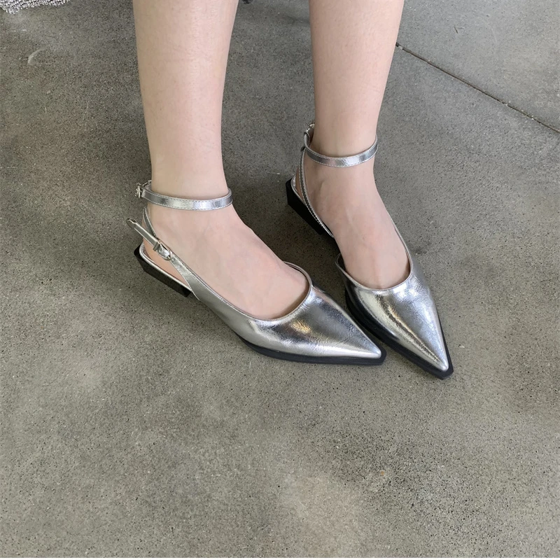 2024 Spring New Brand Women Pumps Shoes Fashion Silver Pointed Toe Ladies Elegant Slingback Sandals Zapatilla De Muje